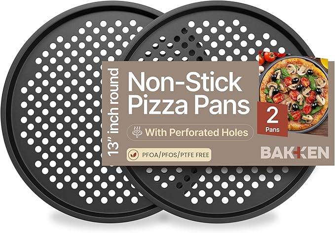 Bakken- Swiss Non-Stick Pizza Pan with Holes - 13-Inch Perforated Pizza Crisper Carbon Steel Pizza Pan - 2 Round Pizza Trays - PFOA PFOS and PTFE Free