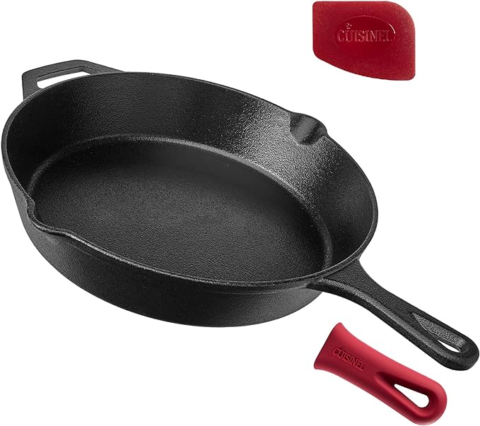 Cuisinel Cast Iron Skillet - 12"-Inch Frying Pan with Assist Handle + Red Silicone Grip Cover - Pre-Seasoned Oven Safe Cookware - Indoor/Outdoor Use - Grill, Stovetop, Induction, BBQ and Firepit Safe