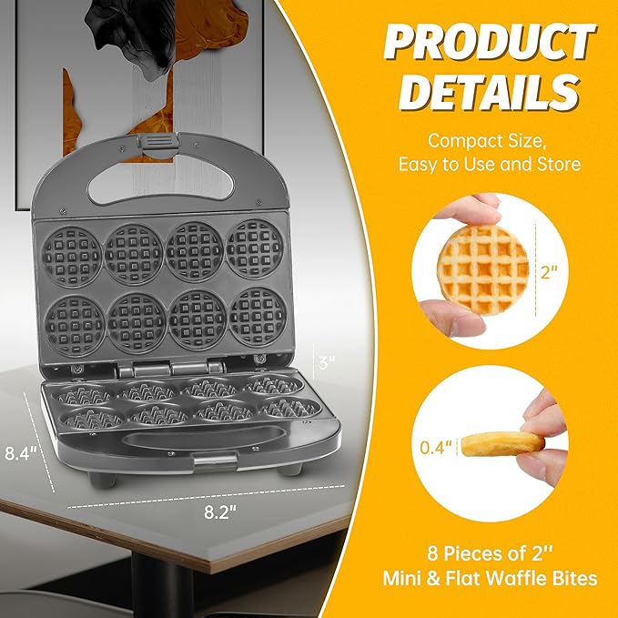 Mini Waffle Maker Machine, Small Waffle Bites Maker for Kids, Makes 8 x 2” Tiny Waffle Bites, Ideal for Breakfast, Snacks, Desserts and More