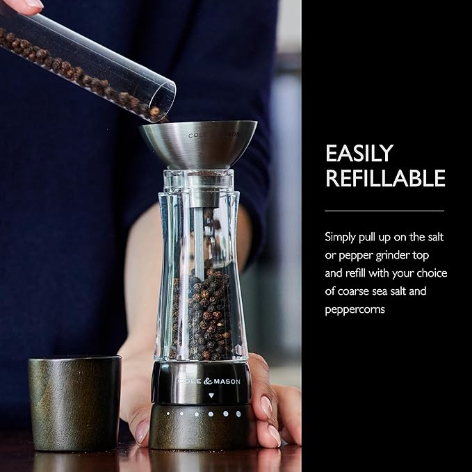 Cole & Mason Derwent Pepper Mill - Gourmet Precision Pepper Grinder - Refillable Seasoning and Spice Tools - Adjustable Black Peppercorn Grinder Settings - Black Wood