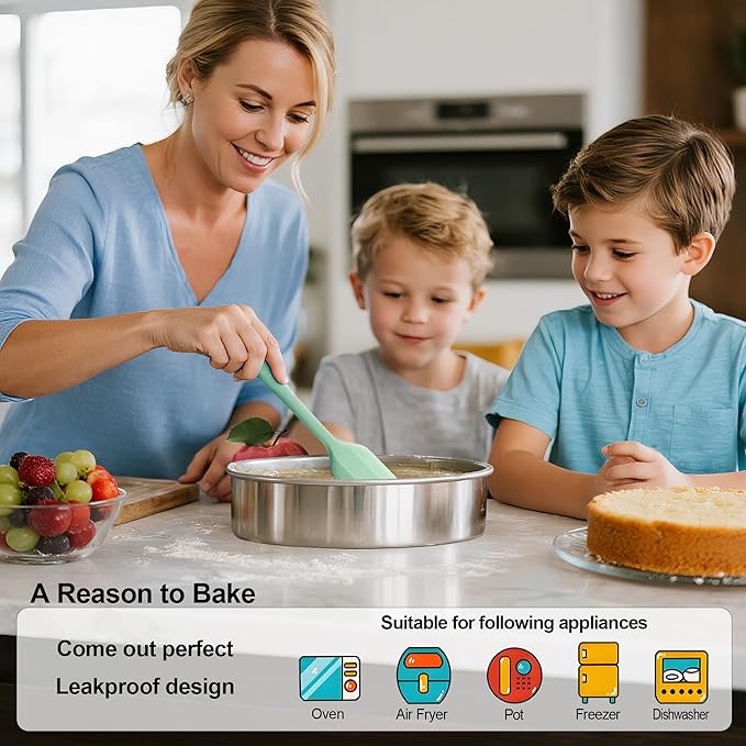 9½ Inch Round Cake Pan Set of 2, Nonstick Circle Stainless Steel Layer Cake Pans 9½ Inch Round with 100PCS Parchment Paper, Baking Pan Set for Birthday Christmas, Silicone Spatula & Dishwasher Safe