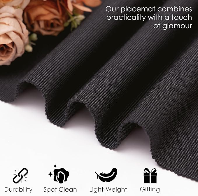 Cloth Placemats Set of 4, Cotton Blend Durable Layered Table Mats, Non-Slip Wrinkle Free Place Mats for Dining Table, Easy to Clean (Black, 13x19 Inch)