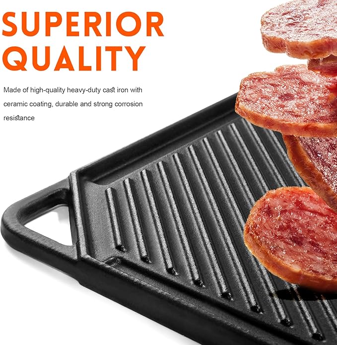 GGC Cast Iron Griddle for Gas Stove, Reversible Griddle for Gas Grills, 20 x 10 Flat and Ribbed Griddle Plate for Outdoor and Indoor Cooking