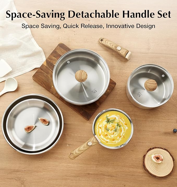 KOCH SYSTEME CS Stainless Steel Cookware Set, 18/10 Stainless Steel Pots and Pans Set 11PCS, Detachable Handle Pots and Pans for Easy Storage, Removable Handle Cooking Set, Induction Compatible