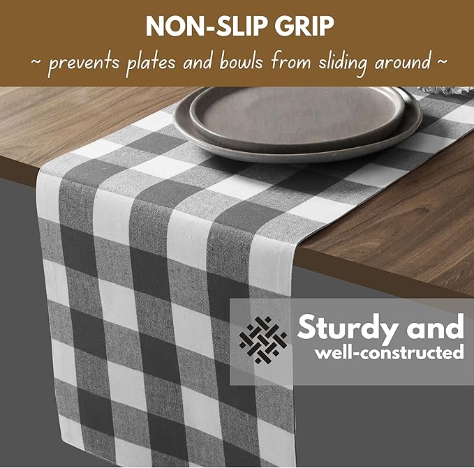Native Fab Table Runner Buffalo Check Plaid 100% Cotton - 13x72 Inches Kitchen Dining Table Decoration for Indoor Outdoor Farmhouse Home Party Decor - Grey and White
