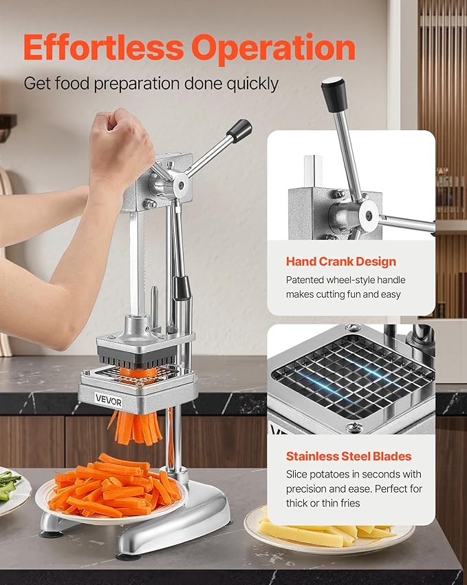 VEVOR Commercial French Fry Cutter, Stainless Steel Vegetable Fruit Chopper with 3 Replacement Blades 1/2-Inch 3/8-Inch 1/4-Inch, Manual Potato Slicer Dicer for Restaurants & Home Kitchen