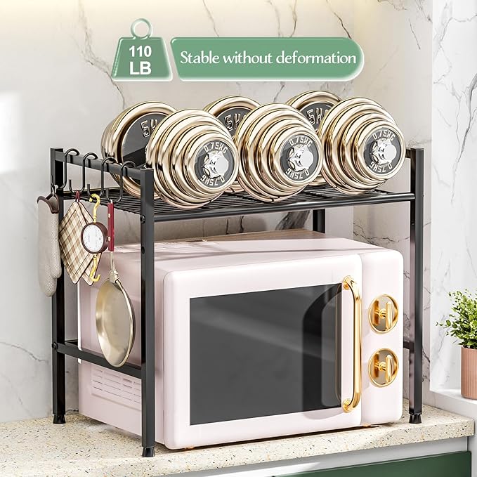 Microwave Stand Countertop, 2-Tier Adjustable Metal Oven Rack with 4 Hooks, Heavy Duty Carbon Steel Organizer Shelf for Microwave/Oven/Toaster, Kitchen Storage (White, 2-Tier)