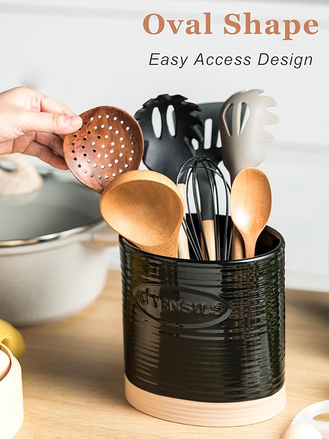YHOSSEUN Black Utensil Holder, Ceramic Utensil Holder for Kitchen Counter, 6.7" Halloween Utensil Crock for Kitchen Tools Utensil Caddy, Oval Shape