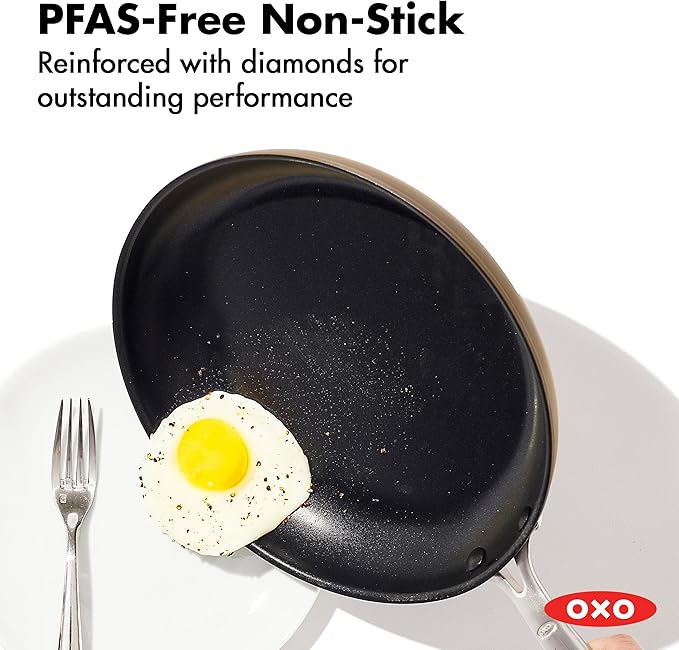 OXO Enhanced 8” Nonstick Frying Pan Skillet, Ceramic PFAS-Free Cookware, Stainless Steel Handle, Eggs & Omelets, Dishwasher & Oven Safe, Biscuit Brown