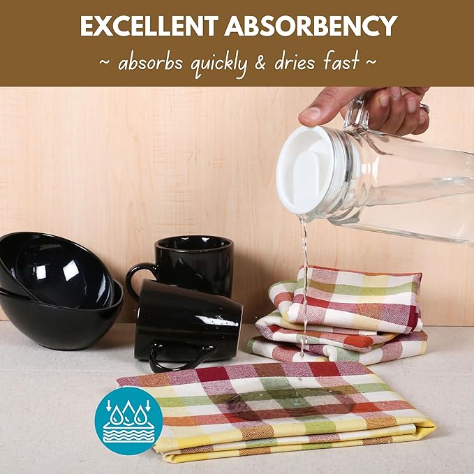 Native Fab Harvest Fall Gingham Check Kitchen Towels 4 Pack 18x26 Inches - 100% Cotton, Soft, Absorbent Dish Towels for Drying & Cleaning, Holiday Dishcloths - Burgundy, Green, Yellow