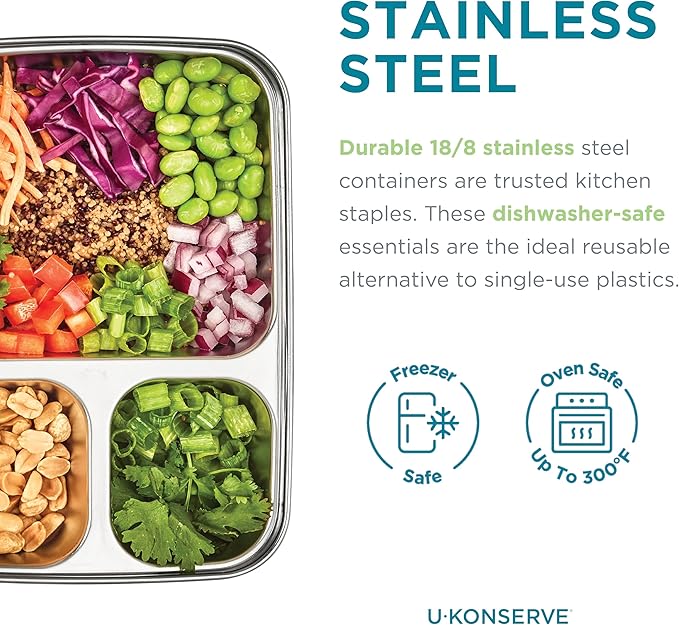 U Konserve Stainless Steel Rectangle Divided 3 Section Food Storage Bento Box Container, Leak Proof Silicone Lid Dishwasher Safe - Plastic Free, (24oz Clear)