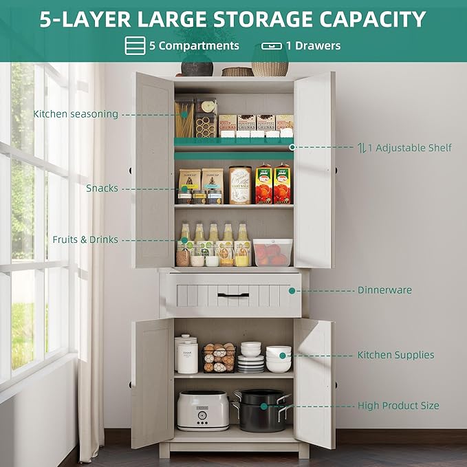YITAHOME 72.6" H Farmhouse Kitchen Pantry Cabinet, Freestanding Tall Storage Cabinet with 4 Doors, Drawer and Adjustable Shelves, Tall Cupboard for Dining Room, Living Room, White Oak