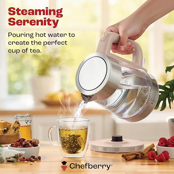 Electric Kettle for Boiling Hot Tea & Water | 1.8L Stainless Steel Borosilicate Glass Boiler With No Plastic, Automatic Shutoff, BPA Free, Fast Heating Technology (Cream)