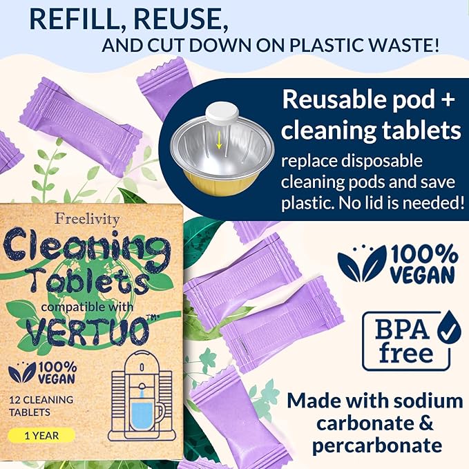 Nespresso Compatible Vertuo Cleaning & Descaling Kit – 1 Year Supply. Includes 4 Descaling Powder Solution, 12 Cleaning Tablets, 1 Reusable Pod, Eco-Friendly Vertuoline Maintenance Kit