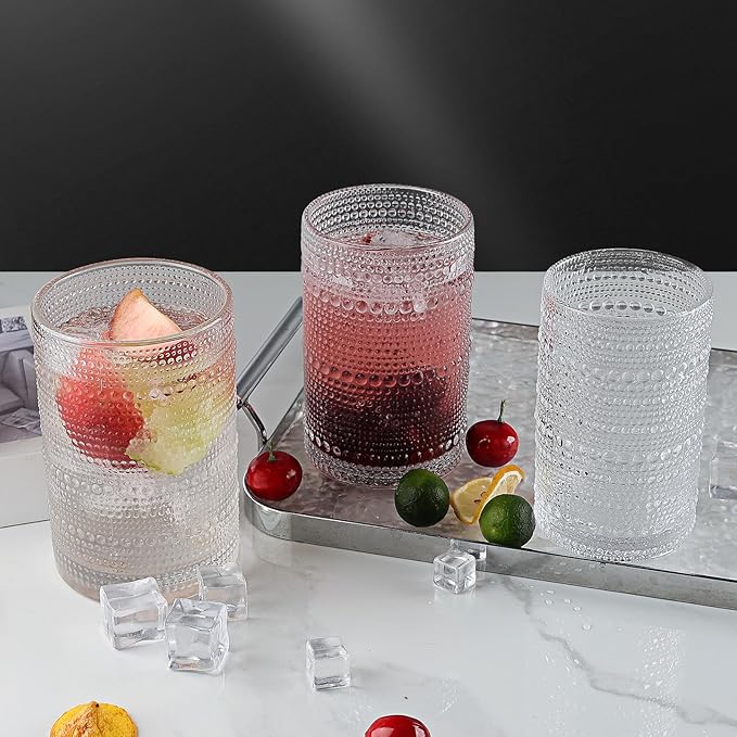 Hobnail Drinking Glasses Set,16 Oz Vintage Embossed Glass Tumbler for Cocktail, Beer, Juice, Water, Whiskey and Kitchen Glassware,6pack