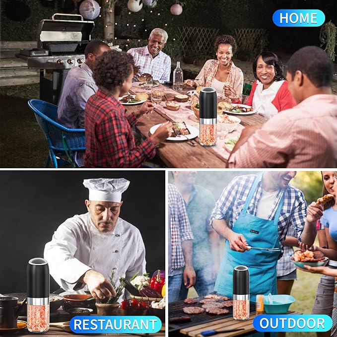 Battery Salt and Pepper Grinder Set-Gravity Electric Pepper Grinder,BoAn Automatic Spice Mill Refillable,Ceramic Larger Charmber,Adjustable Coarsenes,LED Light for Kitchen Housewarming Gifts New Home