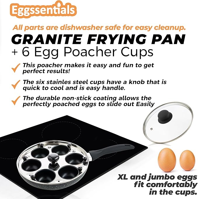 Eggssentials 2 IN 1 Egg Poacher Pan & Large Frying Pan - Poached Egg Maker, Granite Egg Poacher with 6 Cups - Egg Pan - 10 Inch Frying Pan Nonstick Omelette Pan