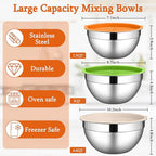 LIANYU Stainless Steel Metal Mixing Bowls, 3 Sizes Large and Small Salad Mixing Bowl Sets, Include Airtight Lids, Ideal for Kitchen Storage, Prepping, Baking, Three-Color