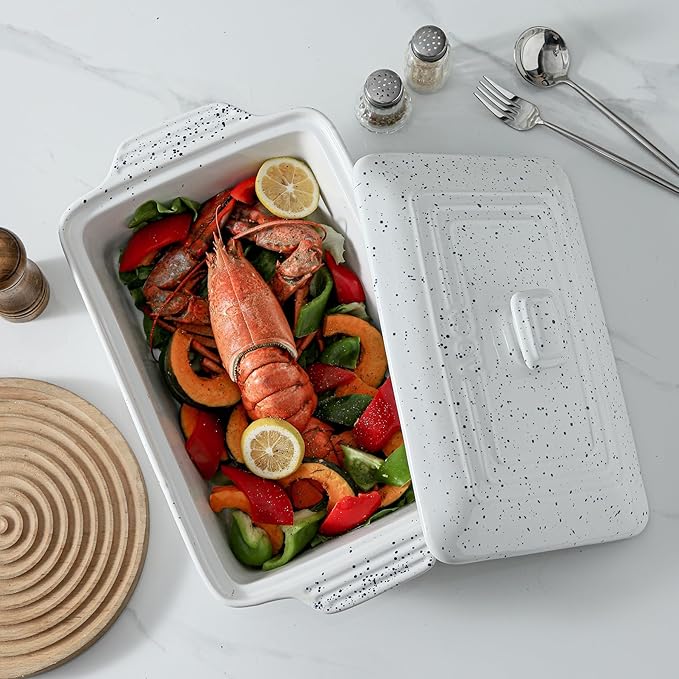 KOOV Ceramic Casserole Dish with Lid, Covered Rectangular Casserole Dish Set, Lasagna Pans with Lid for Cooking, Baking dish With Lid for Dinner, 9 x 13 Inches, Splash Series (Splashed White)