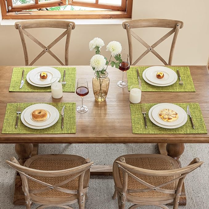 Blue Forest Placemats Set of 4, Dual-Layered Thickened Faux Linen Cloth Place Mats Heat Resistant Machine Washable Wrinkle Free Table Mats Indoor/Outdoor (Lime Green)