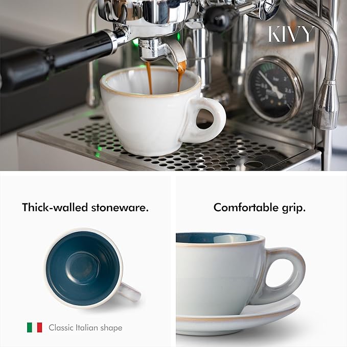 KIVY Cappuccino cups set of 4 [8oz] - Thick-walled stoneware cappuccino cup set for latte art - Latte mugs - Latte cups - Coffee mug - Latte art cup - Ceramic latte cup and saucer set of 4 - Blue