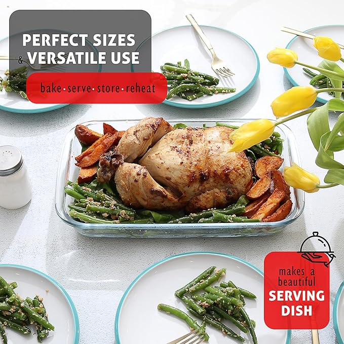 EATEX 16-Piece Deep Glass Casserole Dishes for Oven with Plastic Lids, Glass Baking Dishes for Oven, Rectangular Bakeware for Lasagna, Cooking, Leftovers, Kitchen, Freezer to Oven Dishwasher Safe