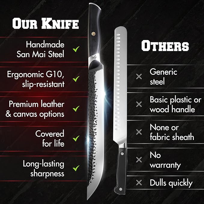 Kitchen perfection 12" Handmade Brisket Knife, Meat Cutting Carving & Slicing BBQ Knife For Men – Insanely Sharp San Mai Steel, W/Leather Sheath Premium Ergonomic Handle, Best Grilling Gifts for Men
