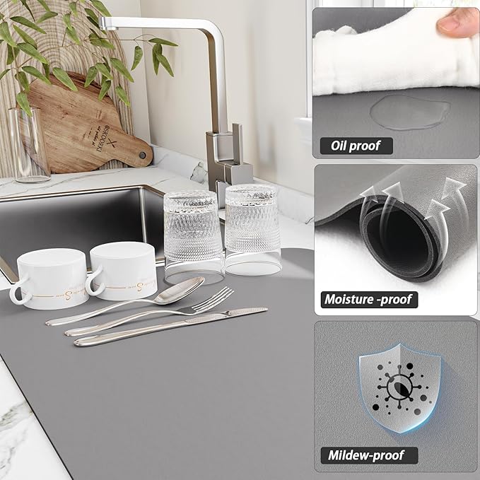 Dish Drying Mat for Kitchen Counter, Heat Resistant Drainer Mats with Non-slip Rubber Backed, Hide Stain Kitchen Super Absorbent Draining Mat, Easy to Clean Dish Rack Pad, Grey 16"x18"