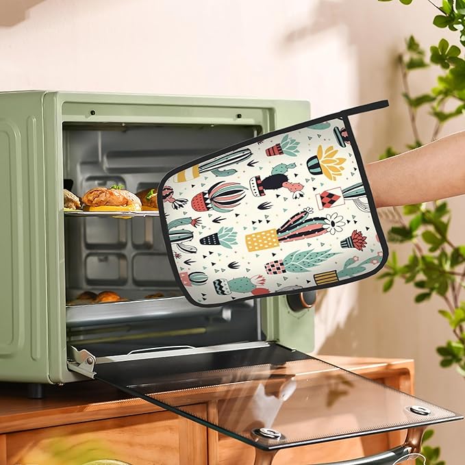 Cute Cactus Pot Holders Set of 2, Kitchen Heat Resistant Flowers and Geometric Elements Potholder for Microwave Cooking Baking Oven End Dishes and BBQ