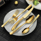 Lemeya 20-Piece Hammered Gold Silverware Set for 4 with Serrated Forging Knives,18/10 Stainless Steel Modern Flatware Set,Unique Cutlery Set Spoons and Forks Set,Mirror Polished,Dishwasher Safe