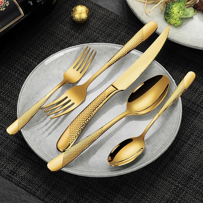 Lemeya 20-Piece Hammered Gold Silverware Set for 4 with Serrated Forging Knives,18/10 Stainless Steel Modern Flatware Set,Unique Cutlery Set Spoons and Forks Set,Mirror Polished,Dishwasher Safe
