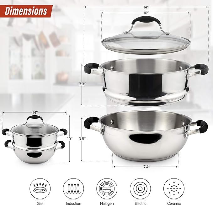 AVACRAFT 18/10, 3 Piece Stainless Steel Steamer Cooking Pot & Pan Set with Glass Lid, Momo Maker, Induction