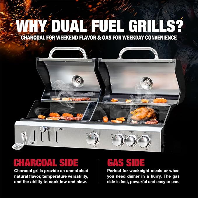 3 Burner Propane Gas and Charcoal Grill Combo with Side Burner & Porcelain-Enameled Cast Iron Grates, 37,000 BTUs 685 SQIN Dual Fuel Outdoor BBQ Grill for Patio Garden Picnic Backyard Barbecue Cooking