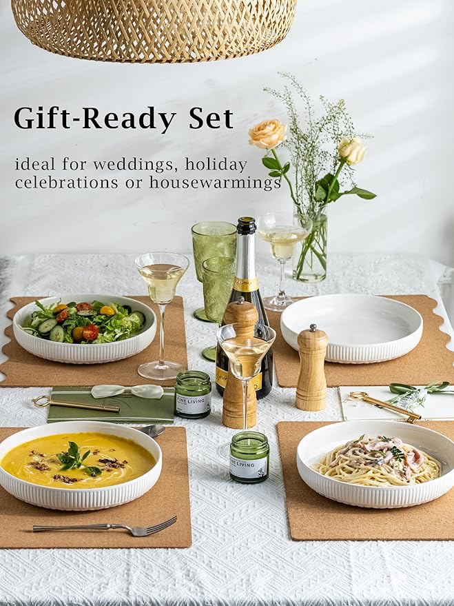 YHOSSEUN 9.75" Pasta Bowls Set of 4, 50 OZ Large Salad Serving Bowls Pasta Plates, White Soup Bowl for Kitchen Meal Prep, Ceramic Shallow Dishes, Clover Stripe