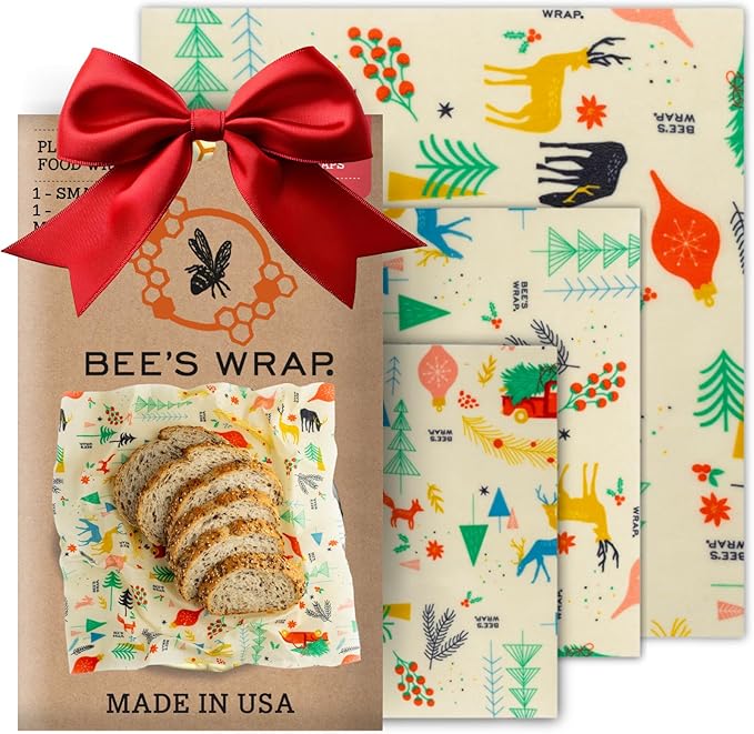 Bee's Wrap Beeswax Wraps for Food - Winter Wonderland 3 Pack (S, M, L) Made in USA Reusable & Organic Food Wraps, Sandwich Wrap & Bowl Covers - Eco-Friendly Alternative to Aluminum Foil & Plastic Wrap