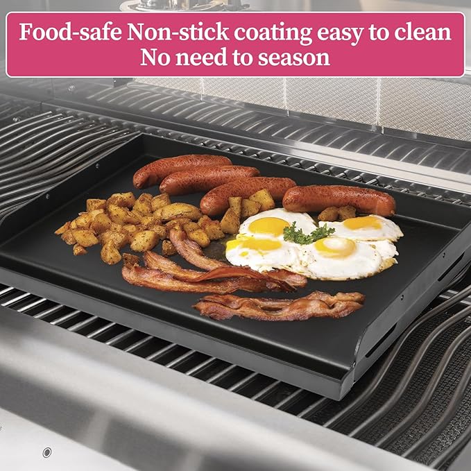 Universal 25" x 16" Nano-Ceramic Nonstick Coating Grill Griddle for Gas Grill, Cast Iron Griddle for Charcoal, Gas Grills, Camping, Flat Top Plate Insert with Grease Groove and Removable Handles