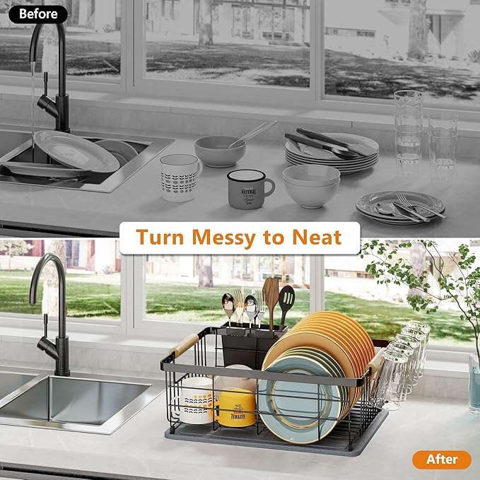 Dish Drying Rack Black with Diatomaceous Earth 1 Tier,Multifunctional Dish Racks for Kitchen Counter Quick-Drying,Large Capacity Space Saving with Cutlery Cups Holder