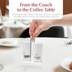 White Salt and Pepper Shakers with Holder - Elegant Stainless Steel Salt Shaker and Pepper Shaker Set with Acrylic Holder for Kitchen Counter or Restaurant Table