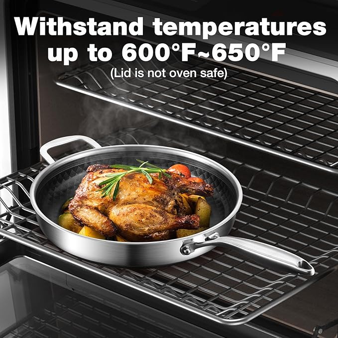 12-Inch Non Stick Frying Pans, NonStick Stainless Steel Pan Set, Tri-Ply Skillets and Pan Set with Lid, Induction Cooker Compatible, Cool-Touch Handle, Dishwasher and Oven Safe