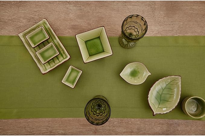 Solino Home Linen Avocado Green Hemstitch Table Runner 48 Inches - 100% Pure Linen Small Table Runner 14 x 48 Inch Ideal for Dresser and Coffee Tables - Classic Hemstitch - Fall, Autumn, Halloween