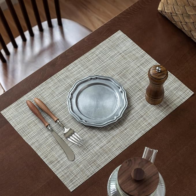 LEXMORE PlaceMats Set of 12 Vinyl/Plastic Woven Place Mats for Kitchen Table Indoor/Outdoor Washable PlaceMat Wipeable Dining Table Mats(Caramel)