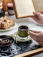 YHOSSEUN Ceramic Espresso Cups Set of 6, 4 Oz Expresso Shots Cup with Stand, Saucers & Spoons, Small Coffee Cup for Double Espresso, Mocha and Tea, Green