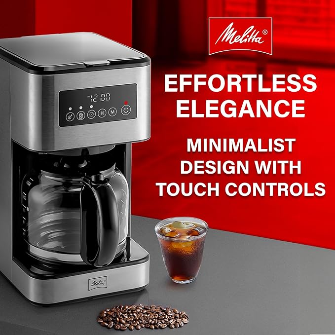 Melitta Aroma Series Programmable Drip Coffee Makers Parent (Aroma Tocco Plus Black and Stainless Steel 12 Cups) with 5-Pack Coffee Filters