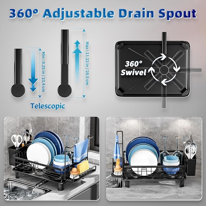 Dish Drying Rack, Compact Dish Racks for Kitchen Counter with Sponge Rack, Space-Saving Dish Drainer Drying Rack with Drainboard, Utensil Holder and and Automatic Drainage Drainboard, Black