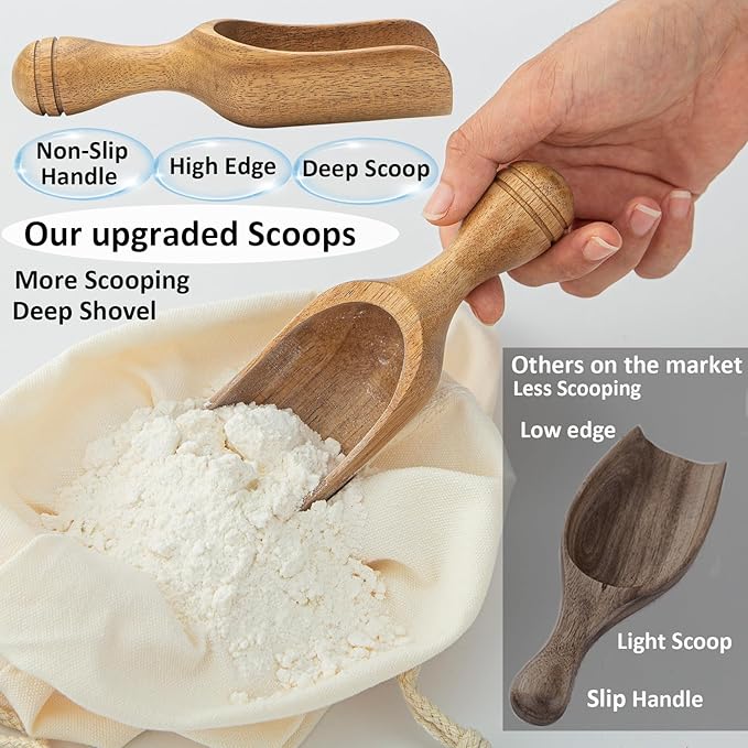 Large Wooden Scoops 5.9″ Big Wooden Coffee Scoops Shovel, 2PCS Wood Flour Scoop for Jars, Acacia Measuring Spoons Ground Coffee for Tea - Multifunctional Kitchen Scoop for Bath Salts,Laundry