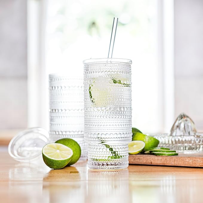 All Glass Hobnail Tumbler with Glass Lid and Straw, Beaded Style Set of 2 (16 oz Hobnail)