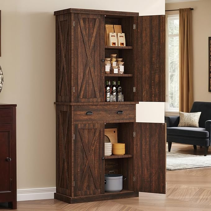 DWVO 72'' Farmhouse Kitchen Pantry, Rustic Wood Kitchen Storage Cabinets with Adjustable Shelves & Drawer, Tall Freestanding Cupboard for Dining Room, Living Room, Drak Brown