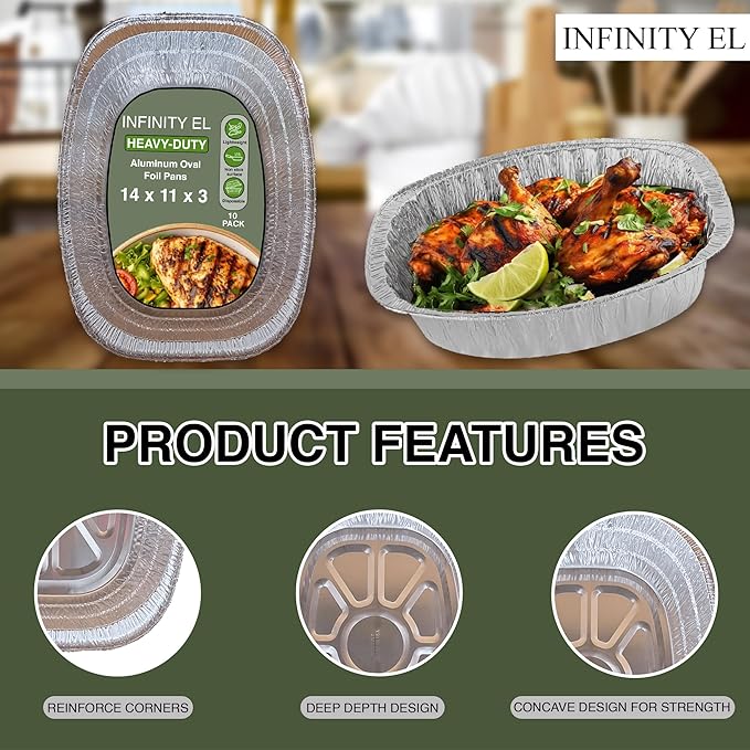 INFINITY EL Large Disposable Oval Aluminum Pans 10 Pack | Deep Disposable Baking Pan | Heavy Duty Oval Aluminum Roasting pan for Chafing, Turkey, Lasagna, Thanksgiving, Christmas, Parties & Meal Prep