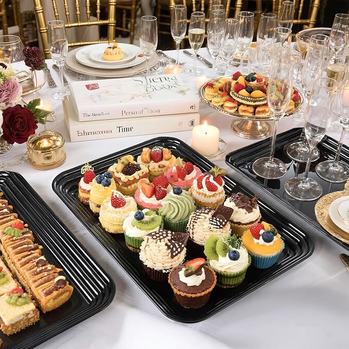 SUT 6-Pack Black Serving Trays for Entertaining-16 x 11" Serving Platters for Snacks, Fruit, Cookies Reusable Plastic Trays for Serving Food and Party Organization in Kitchen & Halloween Parties