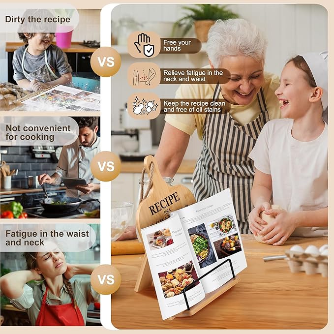 Grandma Gifts Retirement Gifts Cookbook Stand Bamboo Recipe Book Holder Kitchen Gifts for Women Adjustable Non-Slip Cook Book Stand for Kitchen Counter